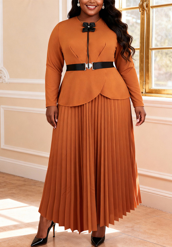 Plus Size Women Bow Long Sleeve Ruffle Slim Waist Elegant Pleated Dress