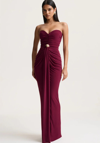 Spring Women Strapless Ruched Slim Waist Elegant Formal Long Dress