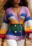 Women Color Block Striped Cardigan Sweater