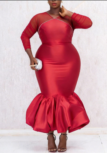 Plus Size Women Red See Through Sleeve Slim Waist Long Sleeve Midi Dress