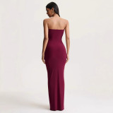Spring Women Strapless Ruched Slim Waist Elegant Formal Long Dress