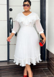 Plus Size Women White Chiffon Pleated V-Neck Slim Waist Formal Party Dress