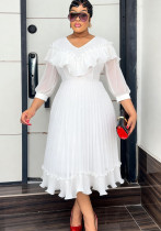 Plus Size Women White Chiffon Pleated V-Neck Slim Waist Formal Party Dress