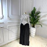 Winter Women Stand Collar Long Sleeve Patchwork Ruched Maxi Dress
