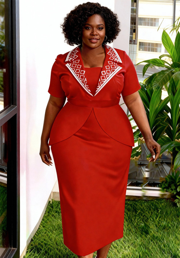 Plus Size Women Red Turndown Collar Short Sleeve Slim Waist Bodycon Party Dress