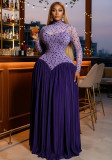 Winter Women Stand Collar Long Sleeve Patchwork Ruched Maxi Dress