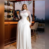 Winter Women Stand Collar Long Sleeve Patchwork Ruched Maxi Dress
