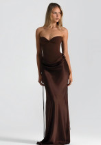 Women Solid Color Corset Slim Waist Ribbon Long Dress