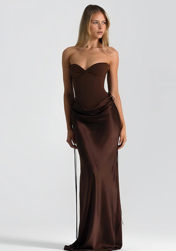 Women Solid Color Corset Slim Waist Ribbon Long Dress