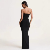Spring Women Strapless Ruched Slim Waist Elegant Formal Long Dress