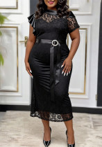 Plus Size Women Black Lace See Through Rhinestone Belt Mermaid Party Dress Plus Size Women Black Lace See Through Rhinestone Belt Mermaid Party Dress