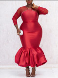 Plus Size Women Red See Through Sleeve Slim Waist Long Sleeve Midi Dress