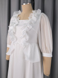 Plus Size Women White Floral Ruffle Elegant Formal Party Long-Sleeve Maxi Dress