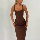 Autumn Winter Women Ruched Slim Waist Bodycon Strap Dress