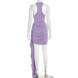 Women Spring Round Neck Ribbon Pleated Irregular Bodycon Dress