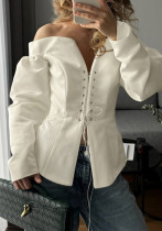 Women Spring Off-the-Shoulder Pleated Long-sleeved Lace-Up Top