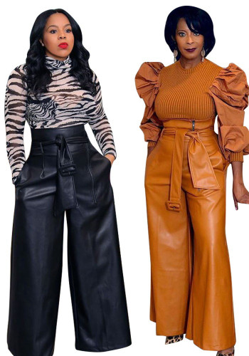 Women Casual Wide Leg Pu-Leather Pants