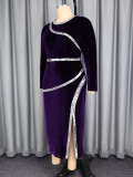 Plus Size Women Velvet Sequin Round Neck Long-Sleeve Side-Slit Formal Party Dress