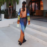 Women Gradient Print Mesh Long-Sleeve Backless Lace-Up Maxi Dress