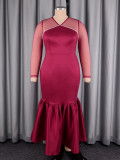 Plus Size Women Red See Through Sleeve Slim Waist Long Sleeve Midi Dress