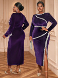 Plus Size Women Velvet Sequin Round Neck Long-Sleeve Side-Slit Formal Party Dress