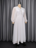 Plus Size Women White Lace Patchwork Chiffon V-Neck Lantern Sleeve Wedding Dress