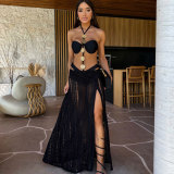 Women black strapless sexy three-piece slit skirt
