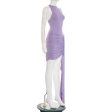 Women Spring Round Neck Ribbon Pleated Irregular Bodycon Dress