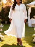 Plus Size Women White Lace Patchwork Chiffon V-Neck Lantern Sleeve Wedding Dress