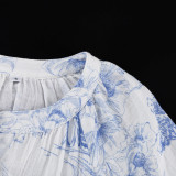 Women Spring Printed Round Neck Lantern Long-sleeved Dress