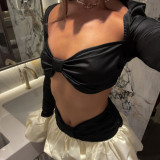 Women Winter Strapless Color Blocked Tulip Long-sleeved Top and Skirt Two-Piece Set