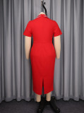Plus Size Women Red Turndown Collar Short Sleeve Slim Waist Bodycon Party Dress