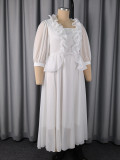 Plus Size Women White Floral Ruffle Elegant Formal Party Long-Sleeve Maxi Dress