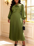 Plus Size Women Bow Embroidery Lantern Sleeve Slim Waist Elegant Pleated Dress