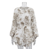 Women Spring Printed Round Neck Lantern Long-sleeved Dress