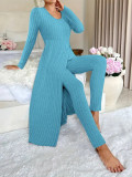 Spring Women Round Neck Long Sleeve Slit Two Piece Pants Set