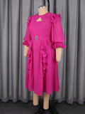 Plus Size Women Rose Hollow-Out Rhinestone Waist Ruffle Elegant Formal Party Dress