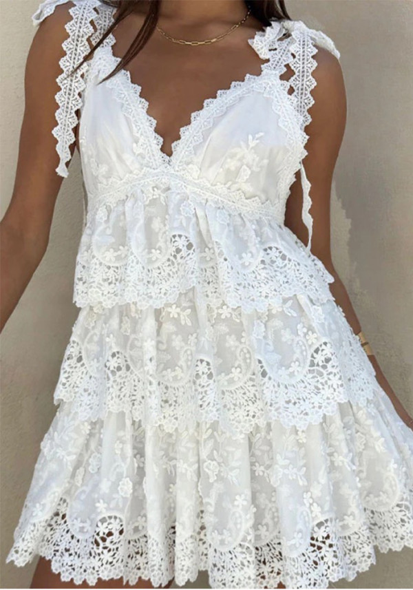 Women Summer Hollow-out Embroidered Lace Patchwork Dress