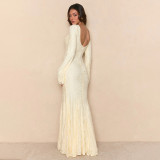 Women Spring U-neck lace patchwork ribbon knot fishtail dress
