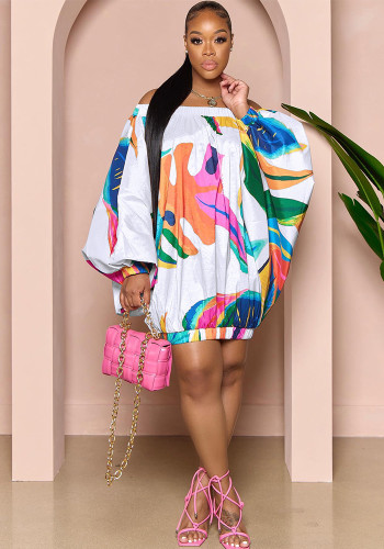 Women Off-Shoulder Print Bat Sleeves Dress