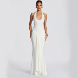 Spring Women U Neck Halter Neck Ribbon Patchwork Bodycon Long Dress