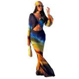 Women Gradient Print Mesh Long-Sleeve Backless Lace-Up Maxi Dress
