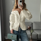 Women Spring Off-the-Shoulder Pleated Long-sleeved Lace-Up Top