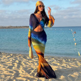 Women Gradient Print Mesh Long-Sleeve Backless Lace-Up Maxi Dress