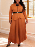 Plus Size Women Bow Long Sleeve Ruffle Slim Waist Elegant Pleated Dress