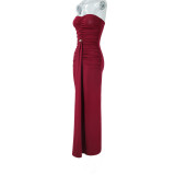 Spring Women Strapless Ruched Slim Waist Elegant Formal Long Dress