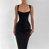Autumn Winter Women Ruched Slim Waist Bodycon Strap Dress