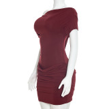 Women Spring/Summer Casual Off-Shoulder Slash Shoulder Pleated Mini Dress