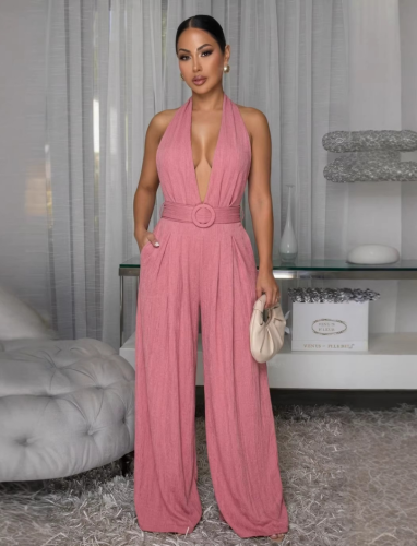 Women's Casual Halter Low Back Sleeveless Wide-Leg Jumpsuit