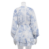 Women Spring Printed Round Neck Lantern Long-sleeved Dress